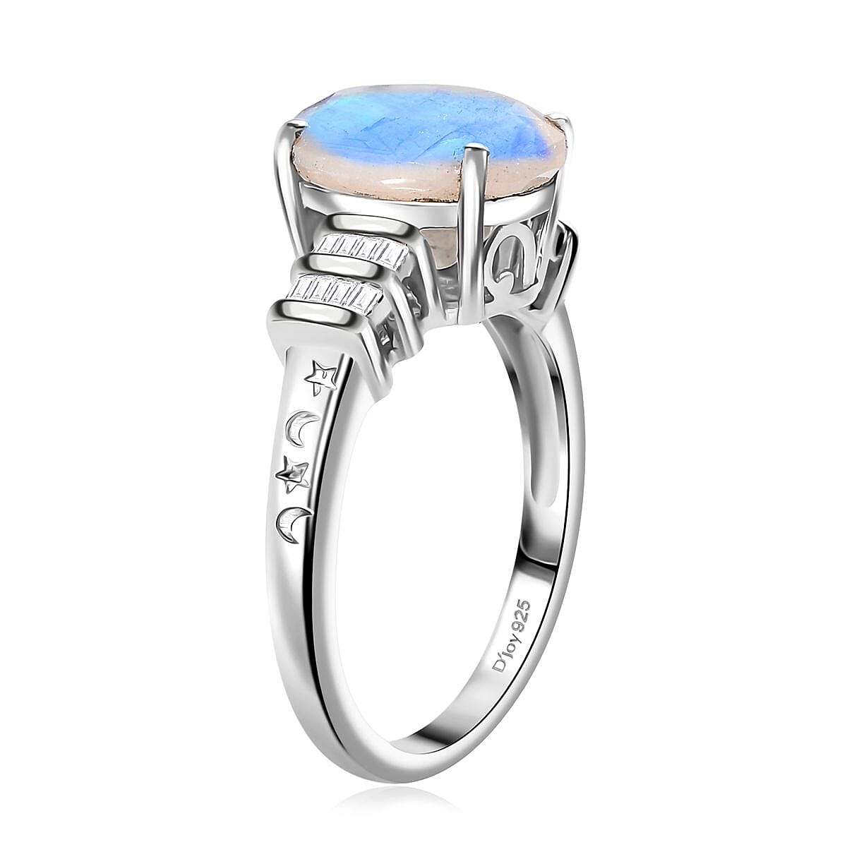 Moon Glow Moonstone and Diamond Ring in Rhodium Over Sterling Silver (Size 6.0) 4.90 ctw