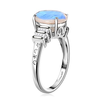 Moon Glow Moonstone and Diamond Ring in Rhodium Over Sterling Silver (Size 6.0) 4.90 ctw