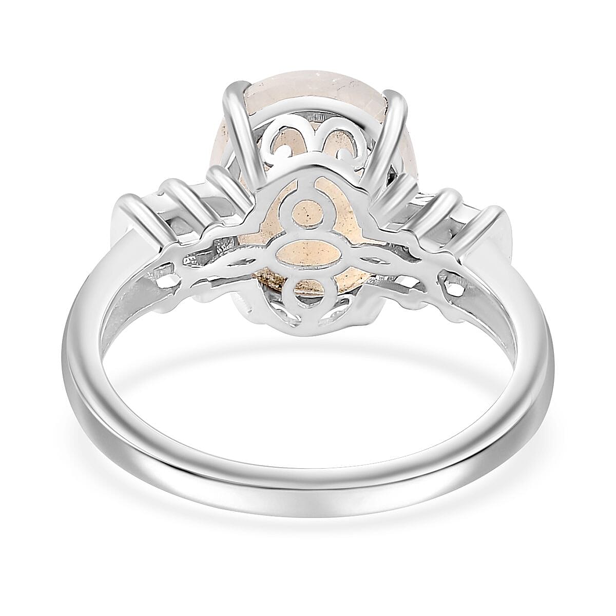 Moon Glow Moonstone and Diamond Ring in Rhodium Over Sterling Silver (Size 6.0) 4.90 ctw