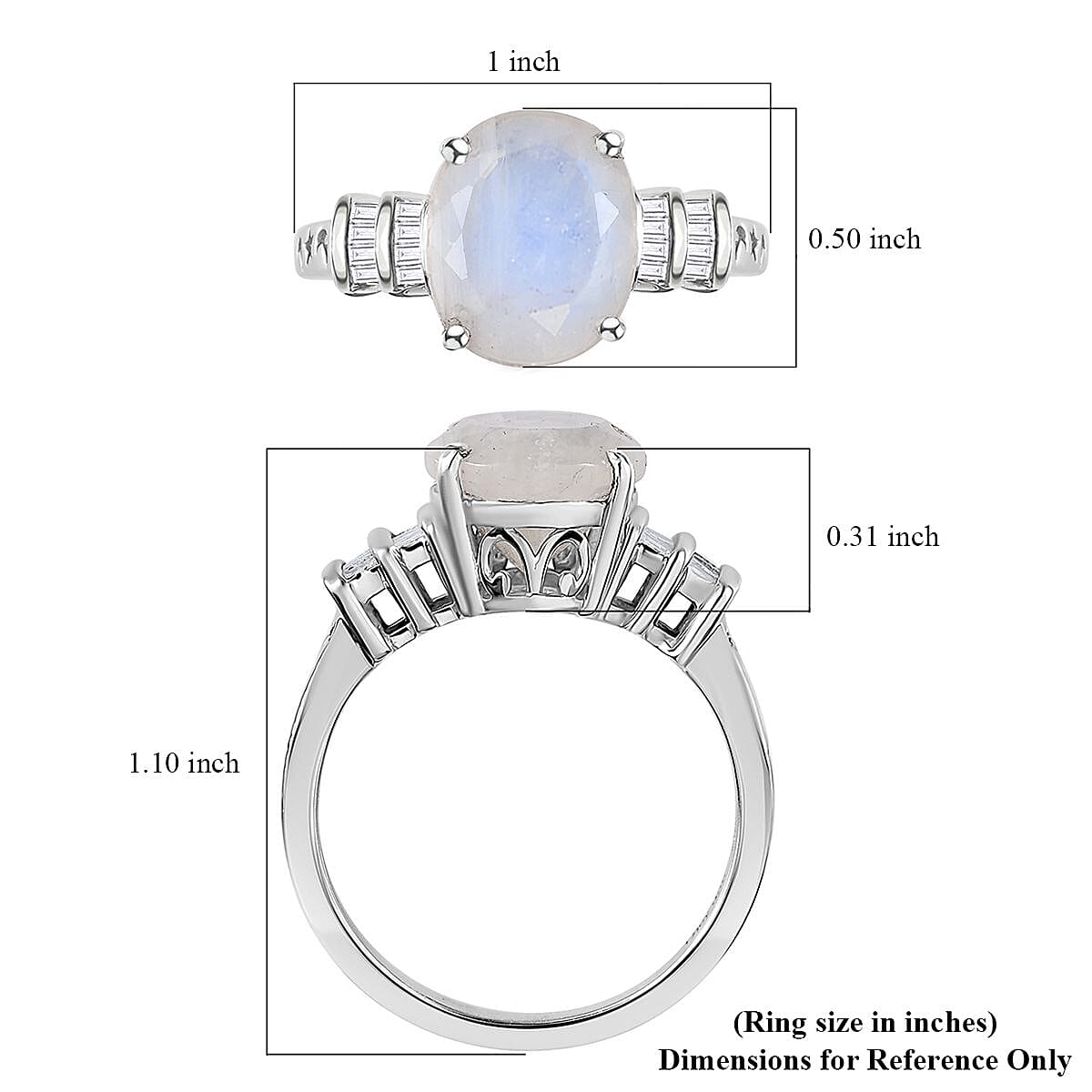 Moon Glow Moonstone and Diamond Ring in Rhodium Over Sterling Silver (Size 6.0) 4.90 ctw