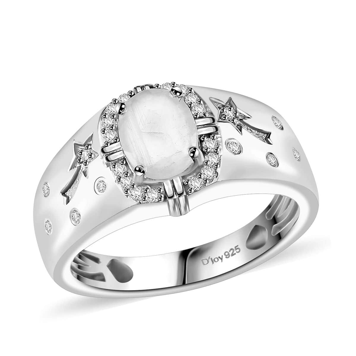 Moon Glow Moonstone, White Zircon Celestial Men's Ring in Rhodium Over Sterling Silver (Size 9.0) 1.40 ctw image number 0