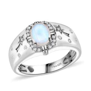 Moon Glow Moonstone and White Zircon Celestial Men's Ring in Rhodium Over Sterling Silver (Size 9.0) 1.40 ctw