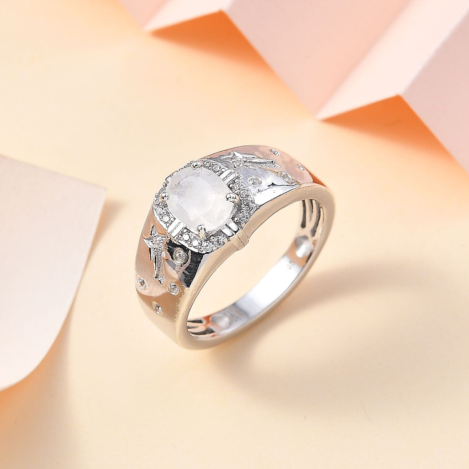Moon Glow Moonstone and White Zircon Celestial Men's Ring in Rhodium Over Sterling Silver (Size 9.0) 1.40 ctw