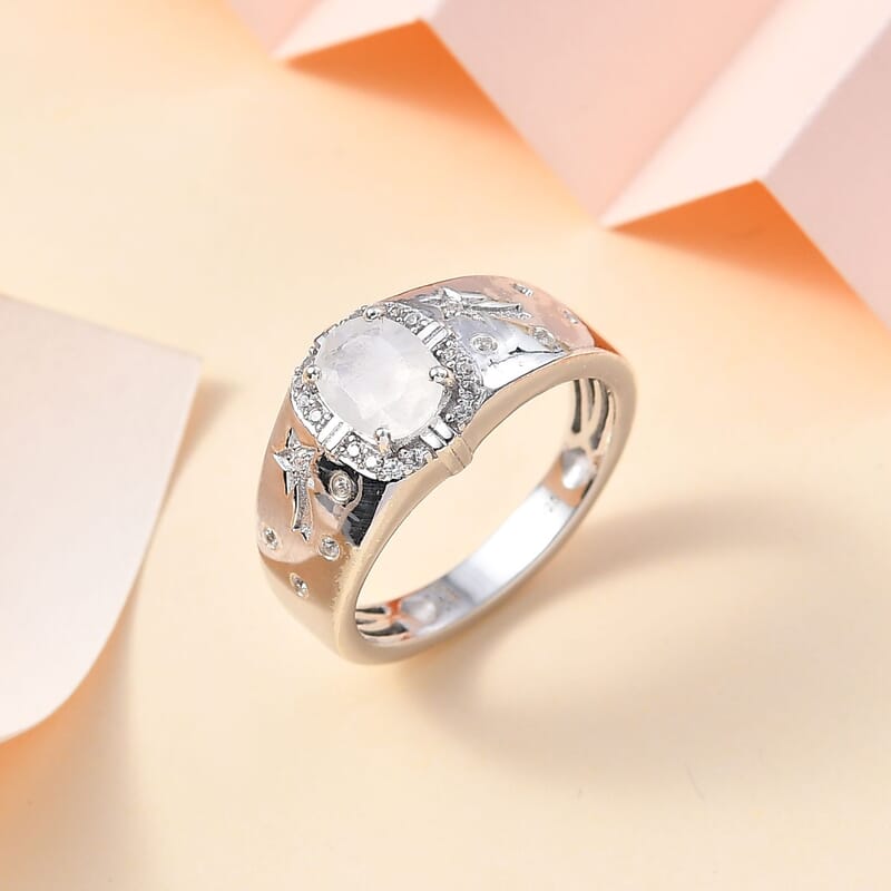 Moon Glow Moonstone and White Zircon Celestial Men's Ring in Rhodium Over Sterling Silver (Size 9.0) 1.40 ctw
