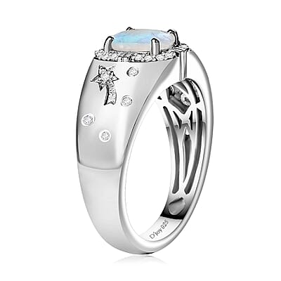 Moon Glow Moonstone and White Zircon Celestial Men's Ring in Rhodium Over Sterling Silver (Size 9.0) 1.40 ctw