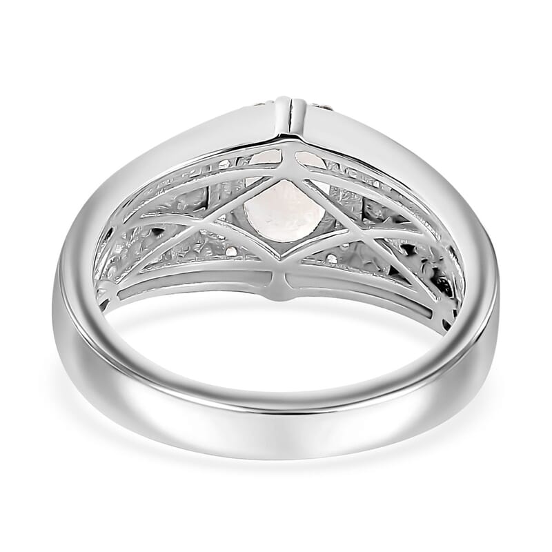 Moon Glow Moonstone and White Zircon Celestial Men's Ring in Rhodium Over Sterling Silver (Size 9.0) 1.40 ctw