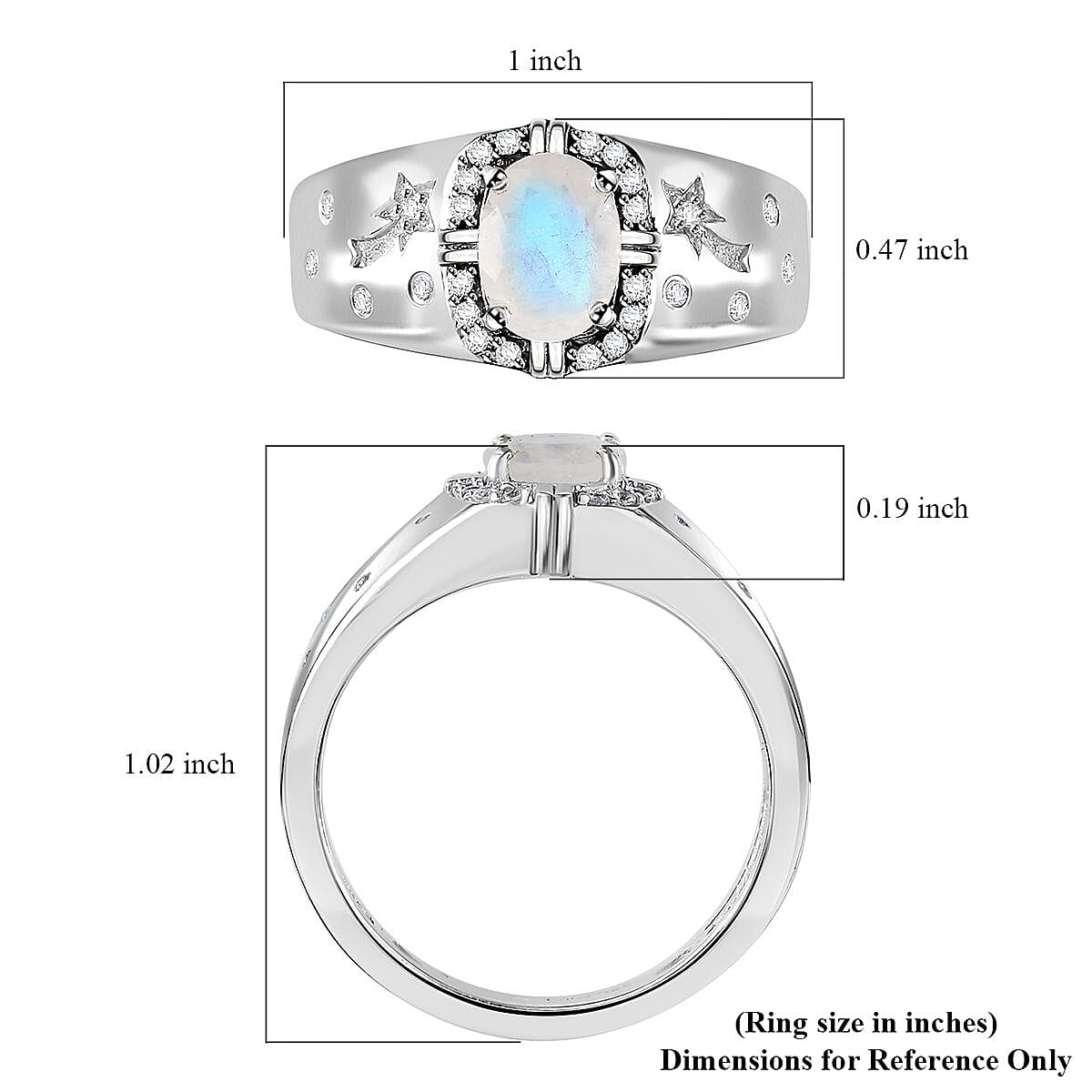 Moon Glow Moonstone and White Zircon Celestial Men's Ring in Rhodium Over Sterling Silver (Size 9.0) 1.40 ctw