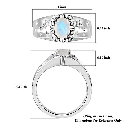 Moon Glow Moonstone and White Zircon Celestial Men's Ring in Rhodium Over Sterling Silver (Size 9.0) 1.40 ctw