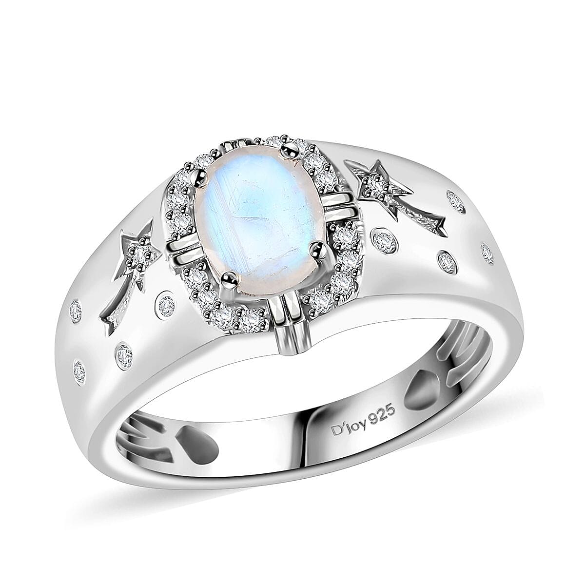 Moon Glow Moonstone and White Zircon Celestial Men's Ring in Rhodium Over Sterling Silver (Size 10.0) 1.40 ctw image number 0