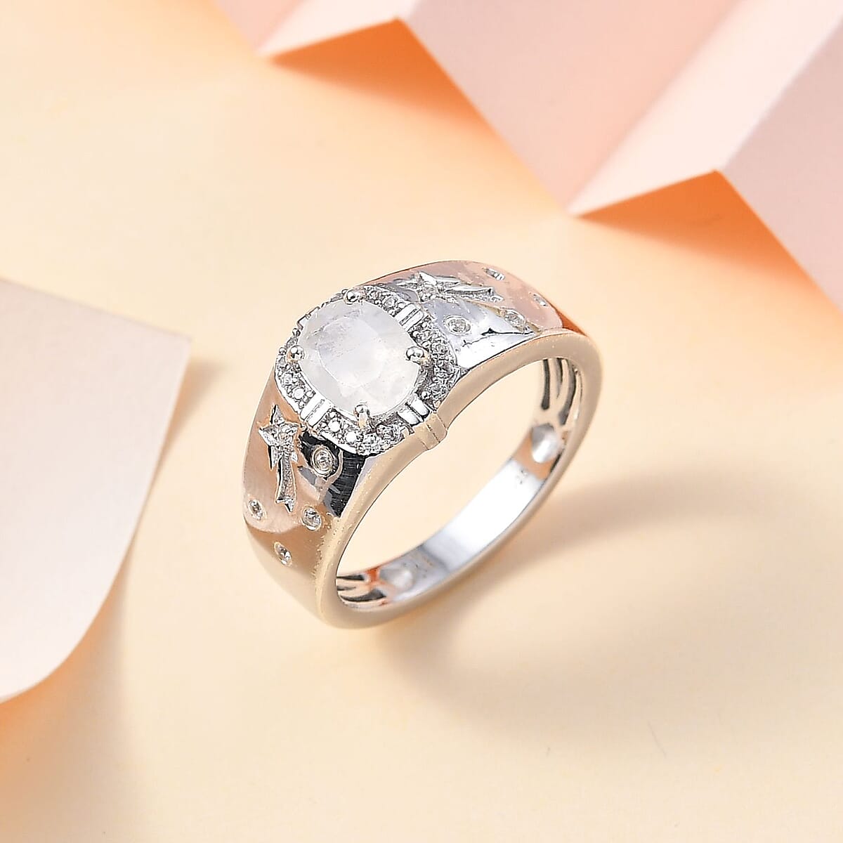 Moon Glow Moonstone and White Zircon Celestial Men's Ring in Rhodium Over Sterling Silver (Size 10.0) 1.40 ctw image number 1
