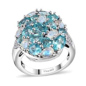 Betroka Blue Apatite and Multi Gemstone Pebbles Ring in Rhodium Over Sterling Silver (Size 5.0) 5.80 ctw