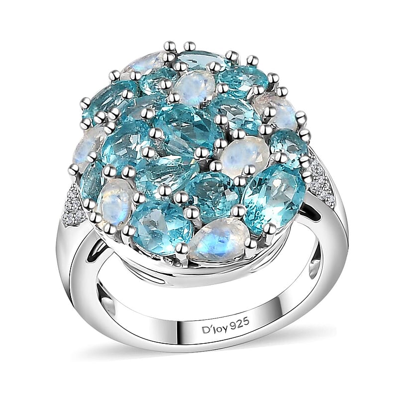 Betroka Blue Apatite and Multi Gemstone Pebbles Ring in Rhodium Over Sterling Silver (Size 5.0) 5.80 ctw