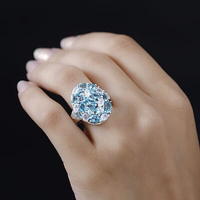 Betroka Blue Apatite and Multi Gemstone Pebbles Ring in Rhodium Over Sterling Silver (Size 5.0) 5.80 ctw