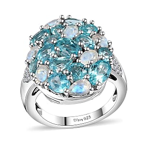Betroka Blue Apatite and Multi Gemstone Pebbles Ring in Rhodium Over Sterling Silver (Size 7.0) 5.80 ctw