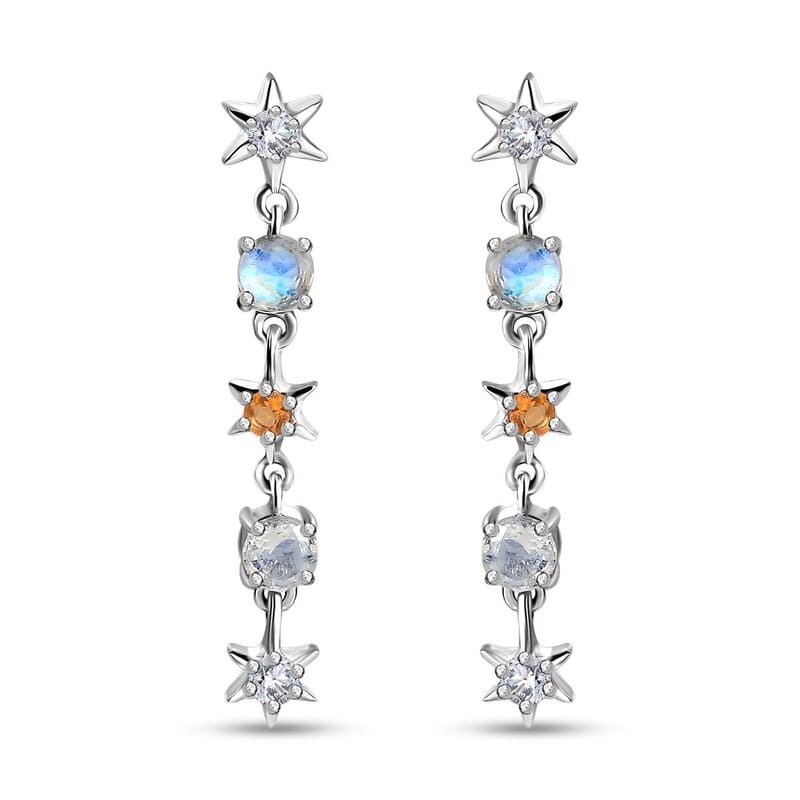 Moon Glow Moonstone and Multi Gemstone Celestial Earrings in Rhodium Over Sterling Silver 1.50 ctw
