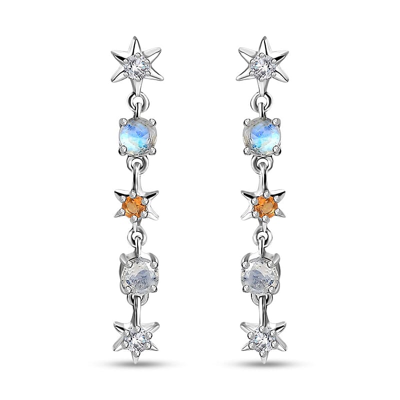 Moon Glow Moonstone and Multi Gemstone Celestial Earrings in Rhodium Over Sterling Silver 1.50 ctw