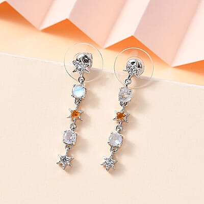 Moon Glow Moonstone and Multi Gemstone Celestial Earrings in Rhodium Over Sterling Silver 1.50 ctw