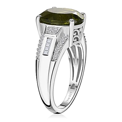 Hebei Peridot and Moissanite Ring in Rhodium Over Sterling Silver (Size 6.0) 5.25 ctw