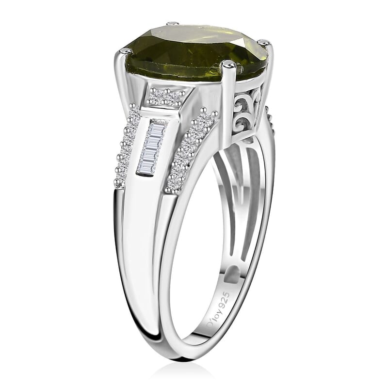 Hebei Peridot and Moissanite Ring in Rhodium Over Sterling Silver (Size 6.0) 5.25 ctw