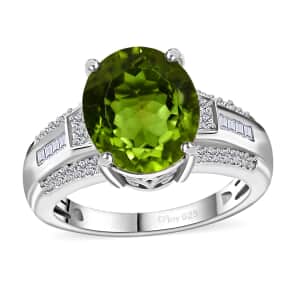 Peridot and Moissanite Ring in Rhodium Over Sterling Silver (Size 7.0) 5.25 ctw
