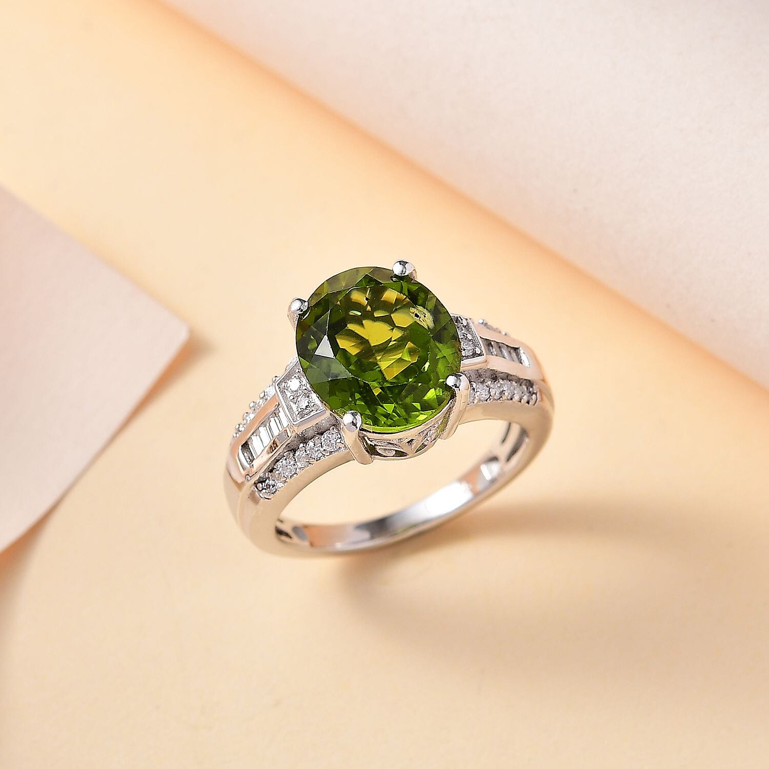 Buy Hebei Peridot and Moissanite Ring in Rhodium Over Sterling