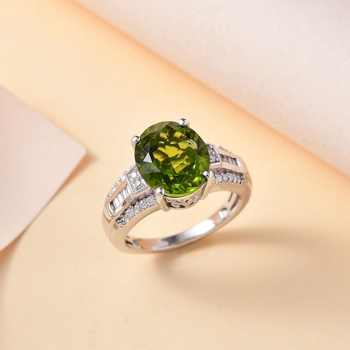 Hebei Peridot and Moissanite Ring in Rhodium Over Sterling Silver (Size 9.0) 5.25 ctw image number 1