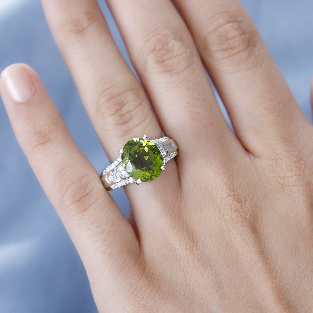 Hebei Peridot and Moissanite Ring in Rhodium Over Sterling Silver (Size 9.0) 5.25 ctw image number 2