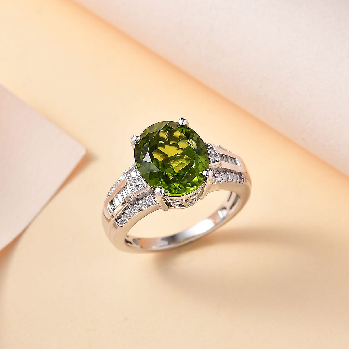 Hebei Peridot and Moissanite Ring in Rhodium Over Sterling Silver (Size 10.0) 5.25 ctw image number 1