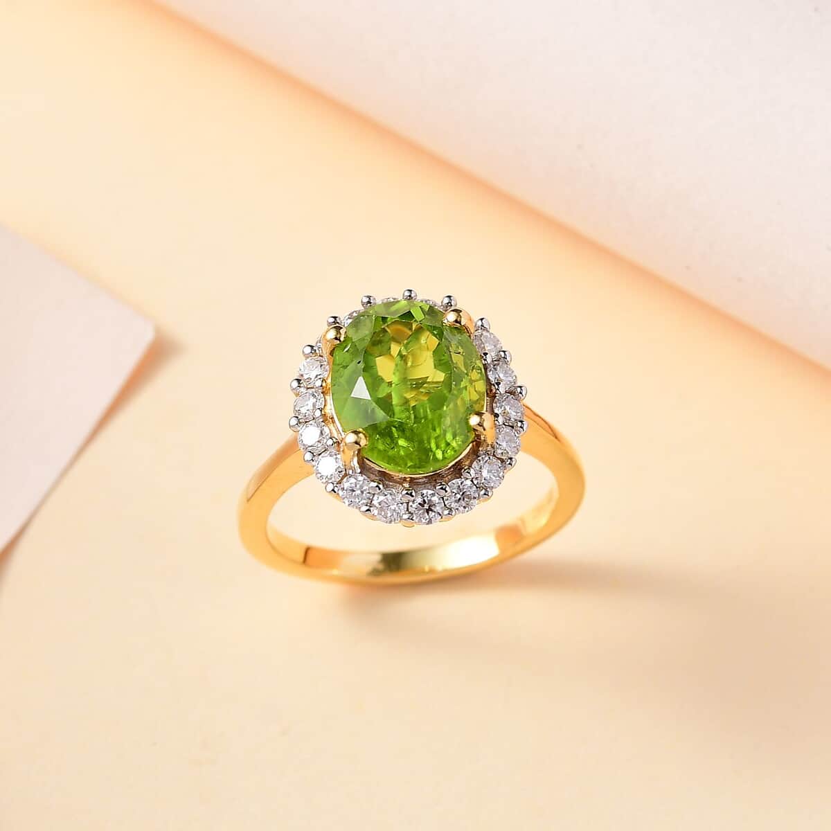 Peridot and Moissanite Sunburst Ring in 18K Vermeil Yellow Gold Over Sterling Silver (Size 6.0) 4.30 ctw image number 1