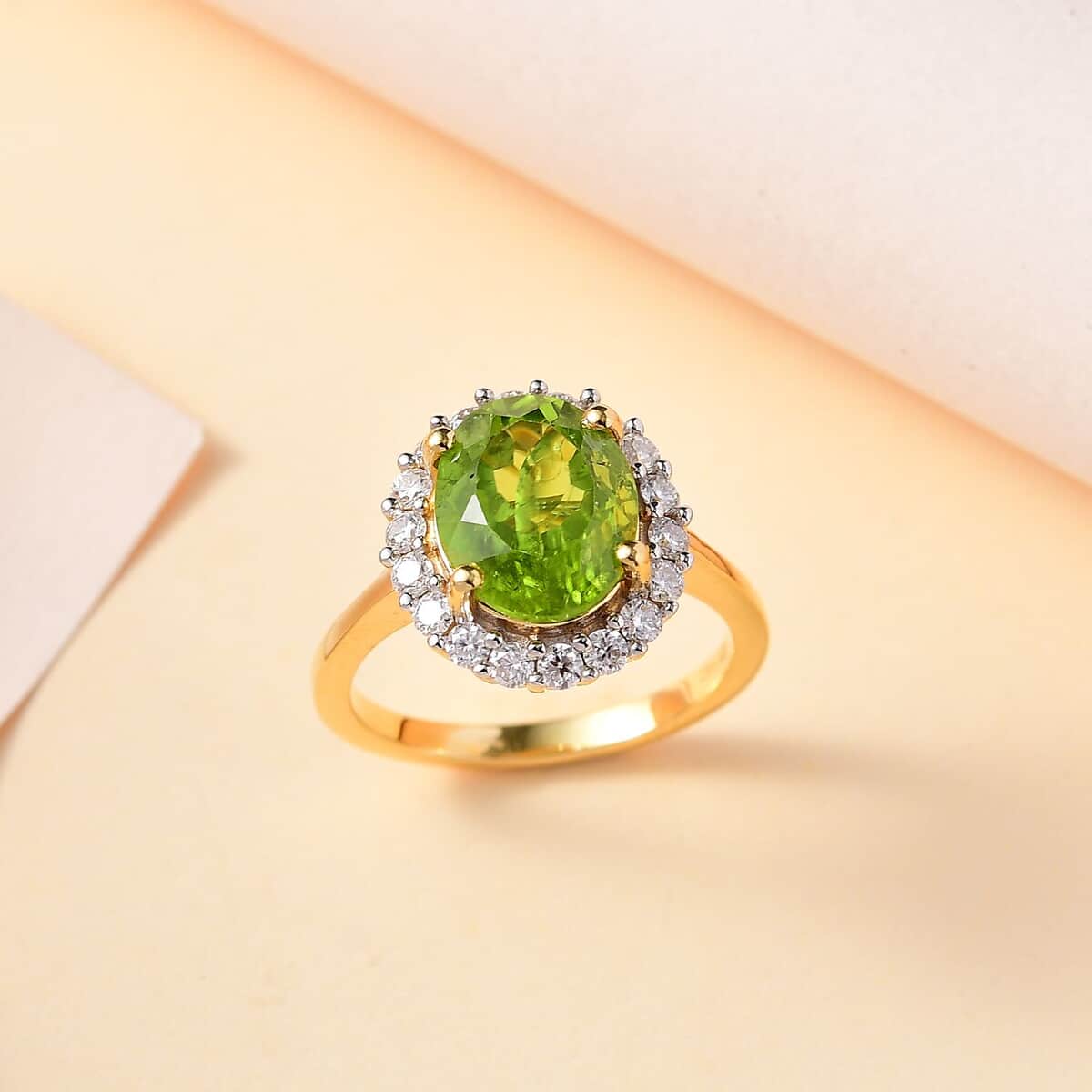 Peridot and Moissanite Sunburst Ring in 18K Vermeil Yellow Gold Over Sterling Silver (Size 7.0) 4.30 ctw image number 1