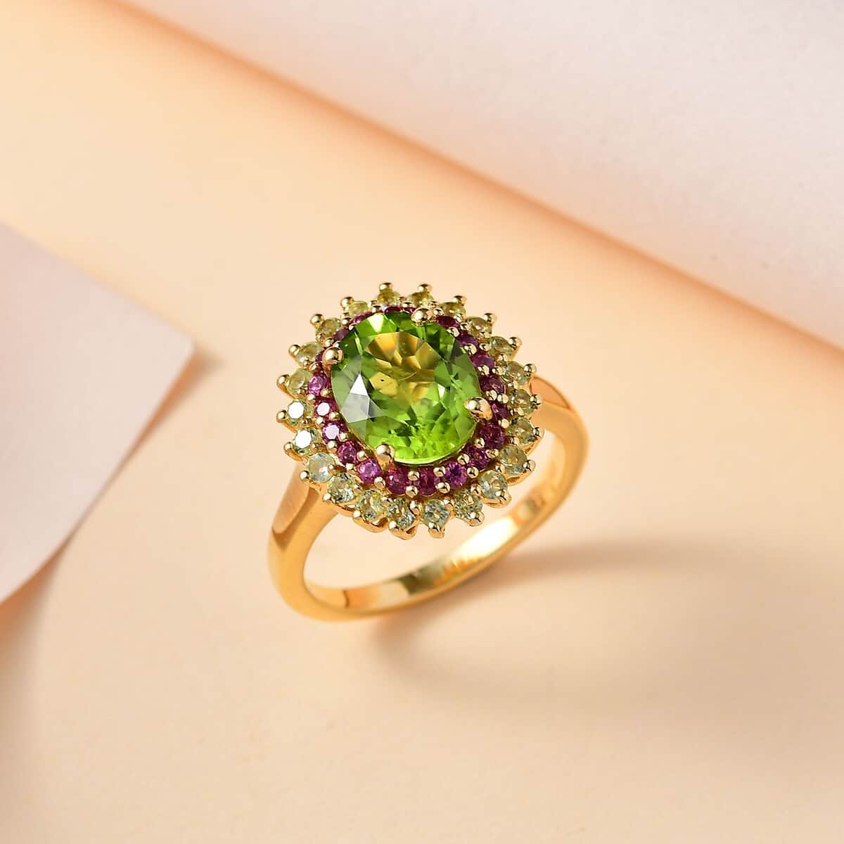 Peridot and Orissa Rhodolite Garnet Sunburst Ring in 18K Vermeil Yellow Gold Over Sterling Silver (Size 5.0) 3.90 ctw image number 1