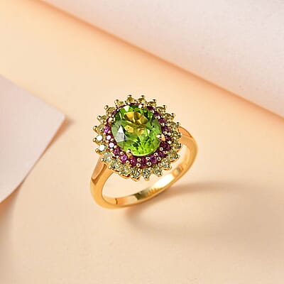 Hebei Peridot and Orissa Rhodolite Garnet Sunburst Ring in 18K Vermeil Yellow Gold Over Sterling Silver (Size 5.0) 3.90 ctw