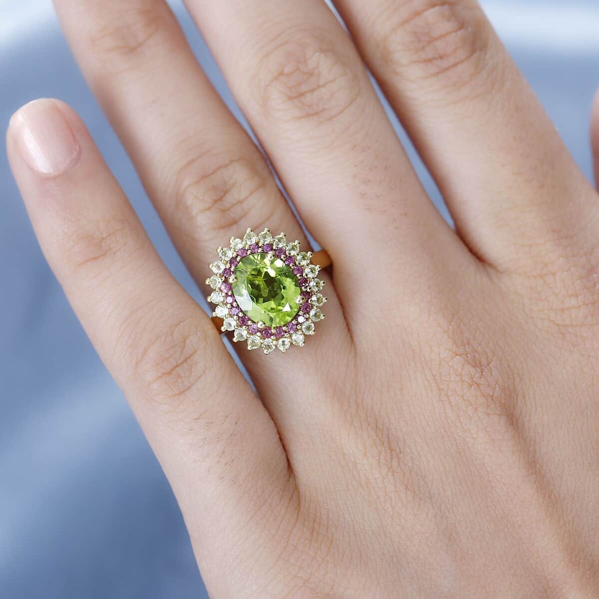 Peridot and Orissa Rhodolite Garnet Sunburst Ring in 18K Vermeil Yellow Gold Over Sterling Silver 3.90 ctw image number 2