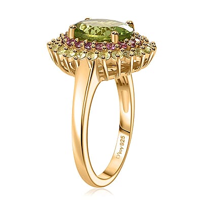 Hebei Peridot and Orissa Rhodolite Garnet Sunburst Ring in 18K Vermeil Yellow Gold Over Sterling Silver (Size 5.0) 3.90 ctw