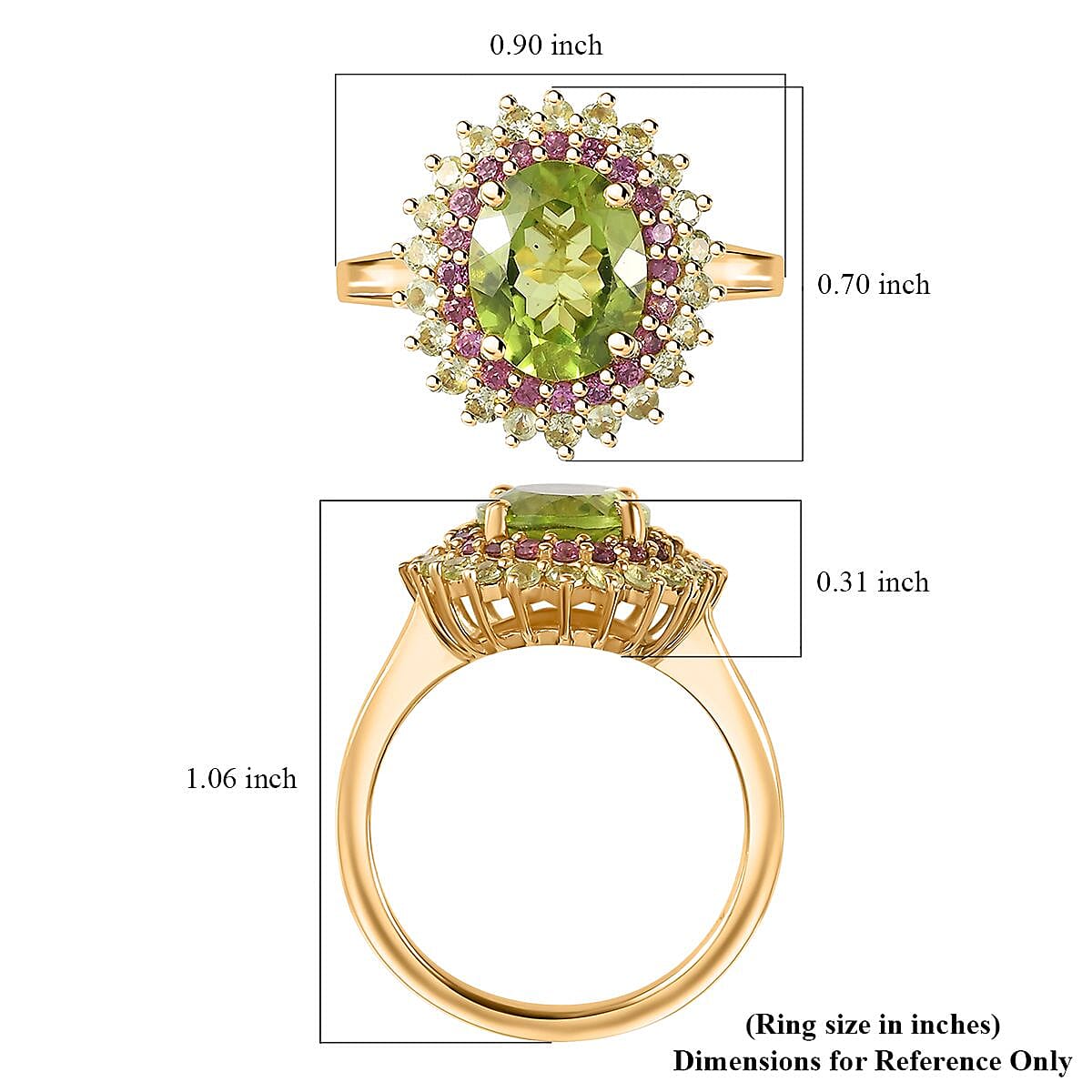 Hebei Peridot and Orissa Rhodolite Garnet Sunburst Ring in 18K Vermeil Yellow Gold Over Sterling Silver (Size 5.0) 3.90 ctw