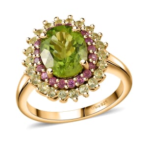 Hebei Peridot and Orissa Rhodolite Garnet Sunburst Ring in 18K Vermeil Yellow Gold Over Sterling Silver (Size 8.0) 3.90 ctw