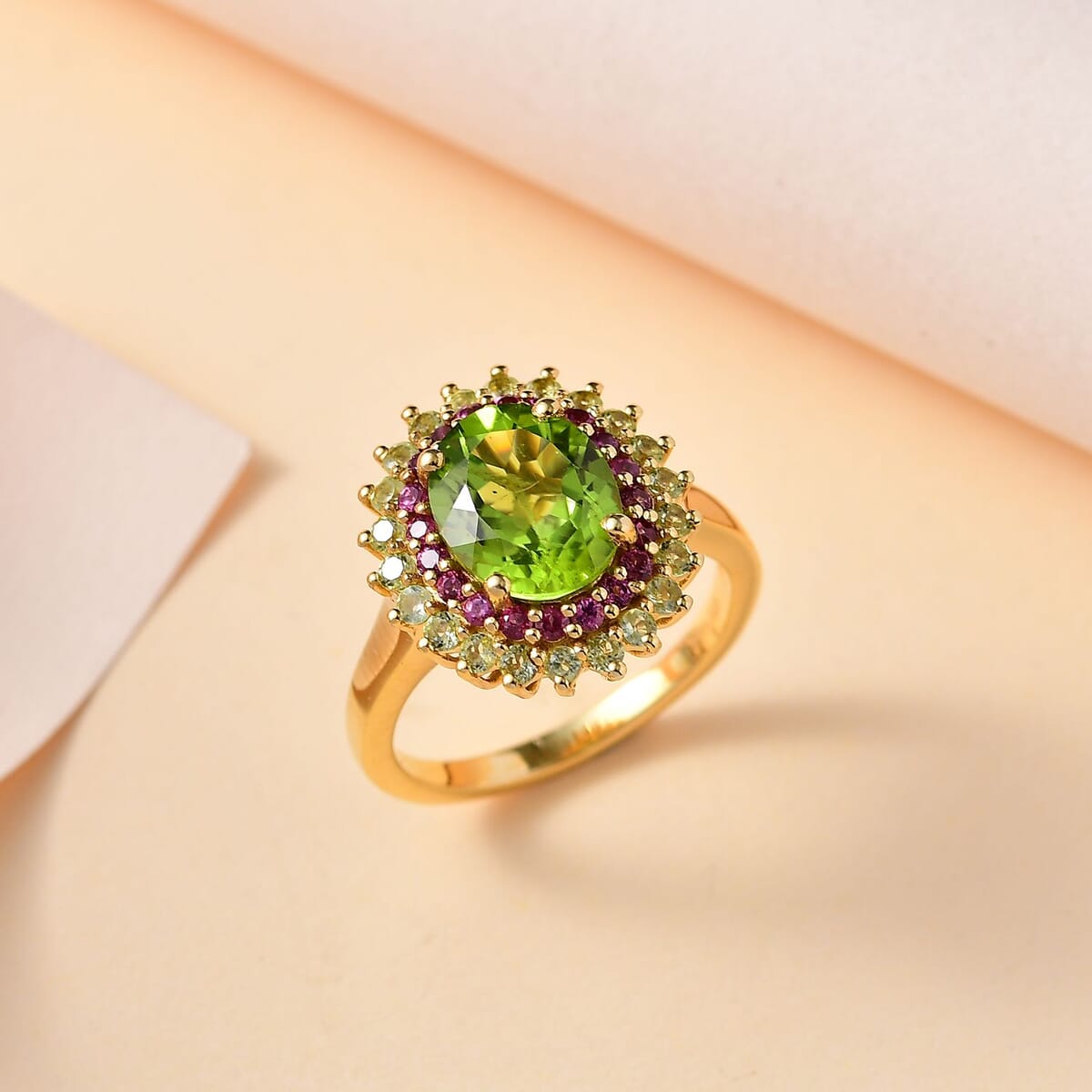 Hebei Peridot and Orissa Rhodolite Garnet Sunburst Ring in 18K Vermeil Yellow Gold Over Sterling Silver (Size 8.0) 3.90 ctw image number 1