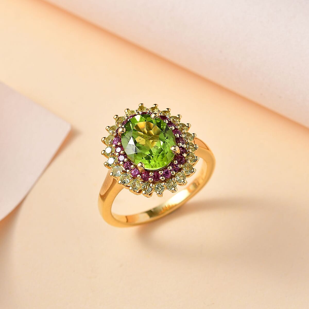 Hebei Peridot and Orissa Rhodolite Garnet Sunburst Ring in 18K Vermeil Yellow Gold Over Sterling Silver (Size 10.0) 3.90 ctw image number 1