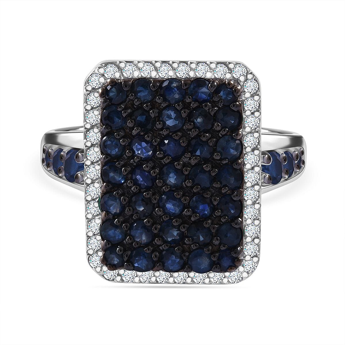 Blue Sapphire and White Zircon 2.30 ctw Ring in Rhodium Over Sterling Silver (Size 11.5)