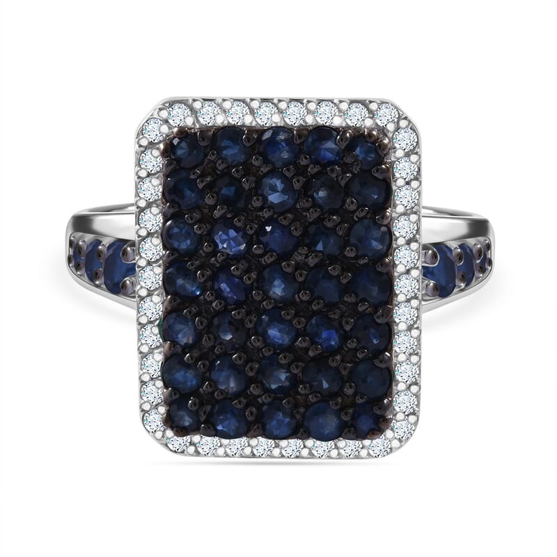Blue Sapphire and White Zircon 2.30 ctw Ring in Rhodium Over Sterling Silver (Size 11.5)