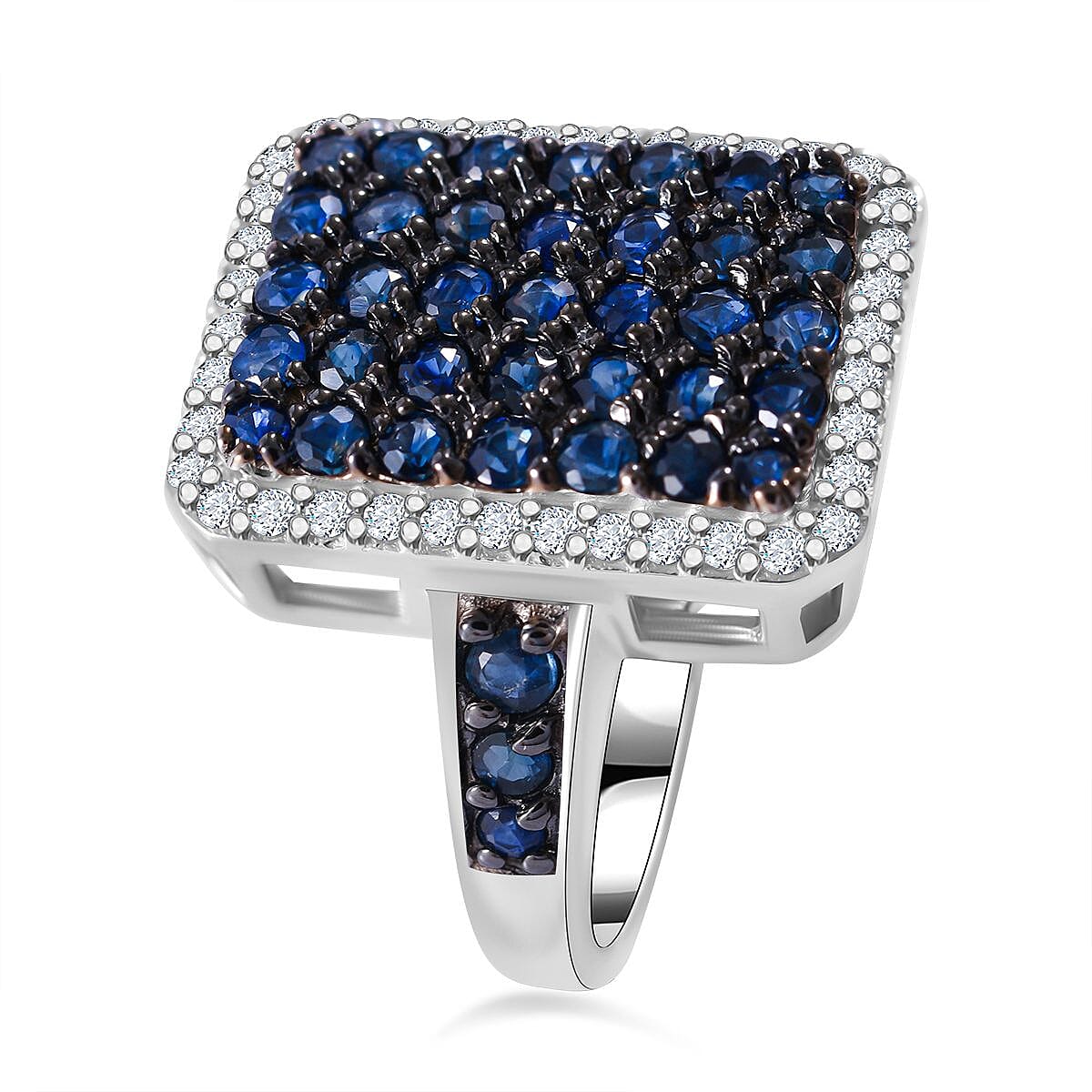 Blue Sapphire and White Zircon 2.30 ctw Ring in Rhodium Over Sterling Silver (Size 11.5)