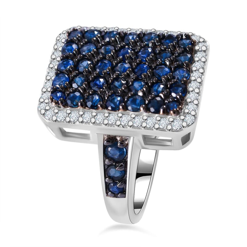 Blue Sapphire and White Zircon 2.30 ctw Ring in Rhodium Over Sterling Silver (Size 11.5)