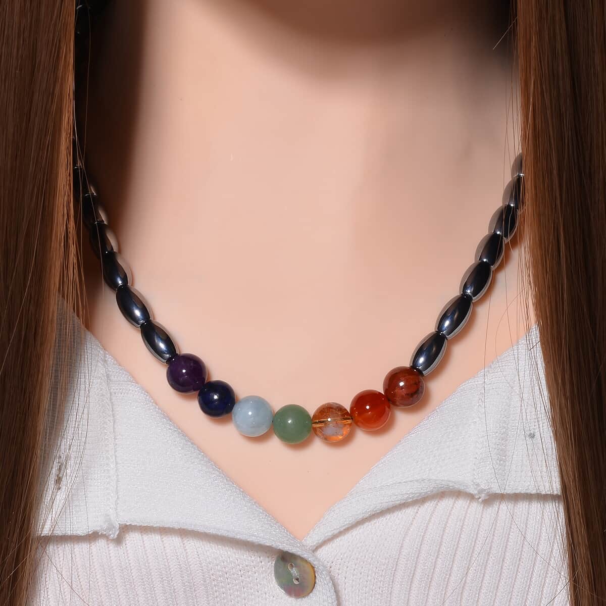 Seven Chakra Terahertz Beaded Necklace 20 Inches in Rhodium Over Sterling Silver 210.00 ctw image number 1