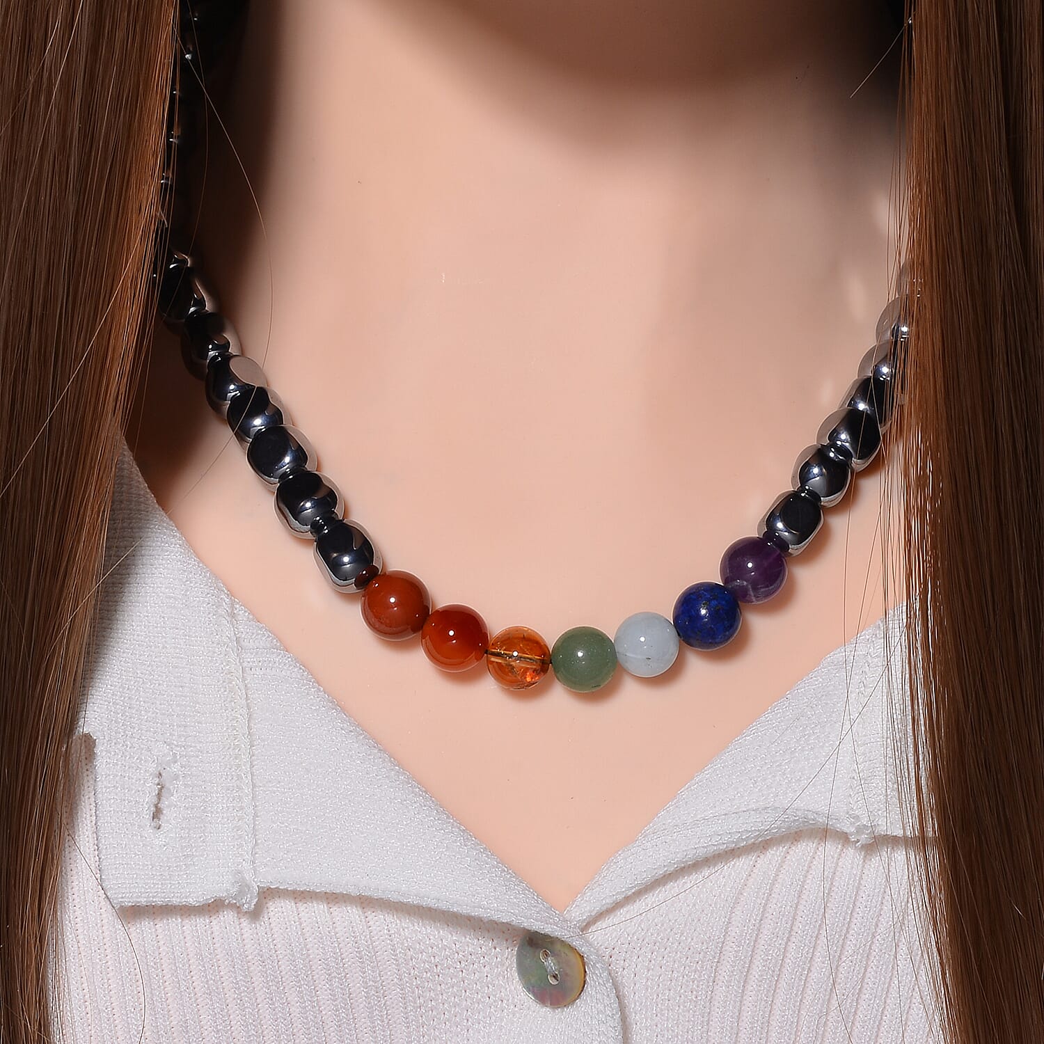 Seven Chakra Terahertz Beaded Necklace 20 Inches in Rhodium Over Sterling Silver 310.00 ctw