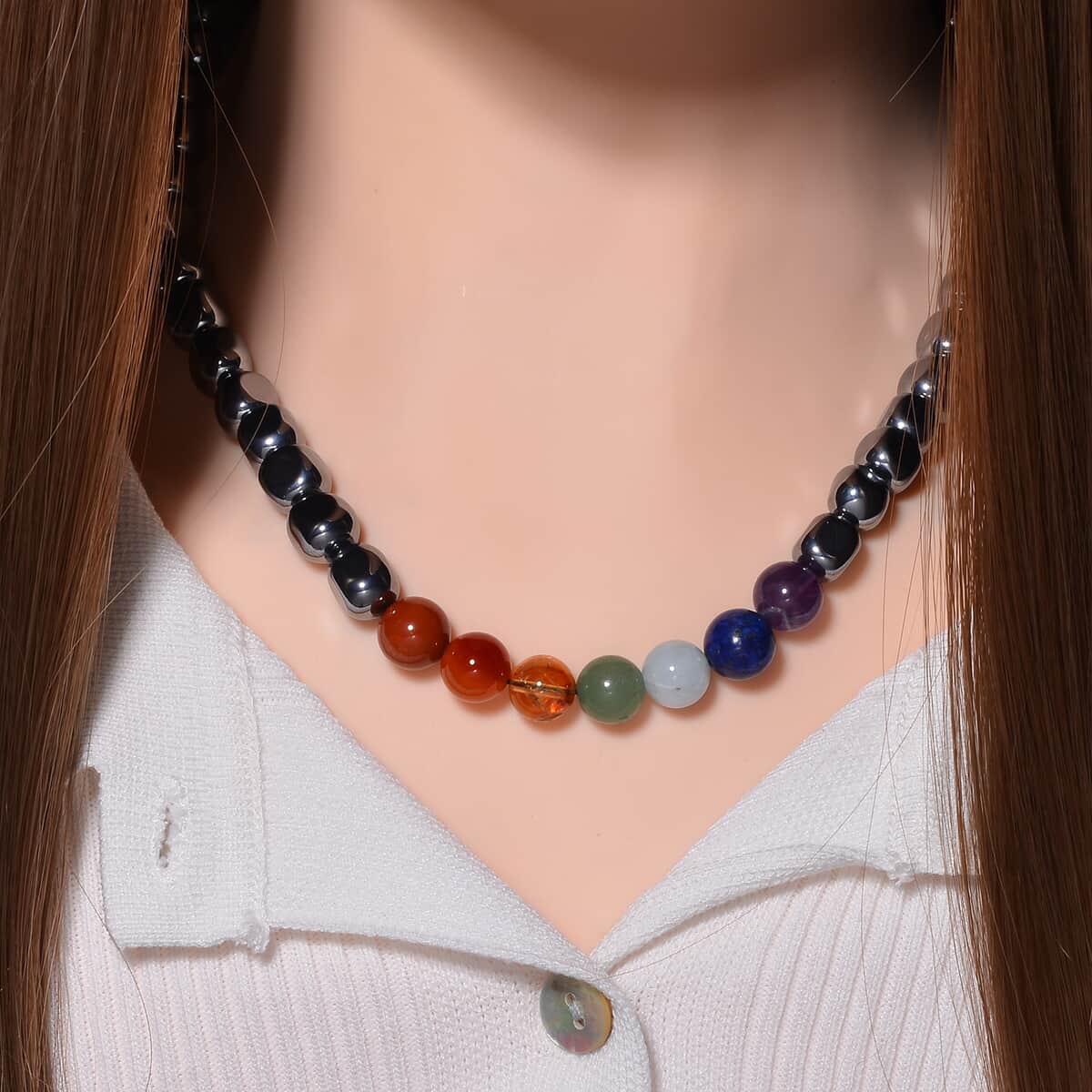 Seven Chakra Terahertz Beaded Necklace 20 Inches in Rhodium Over Sterling Silver 310.00 ctw image number 1