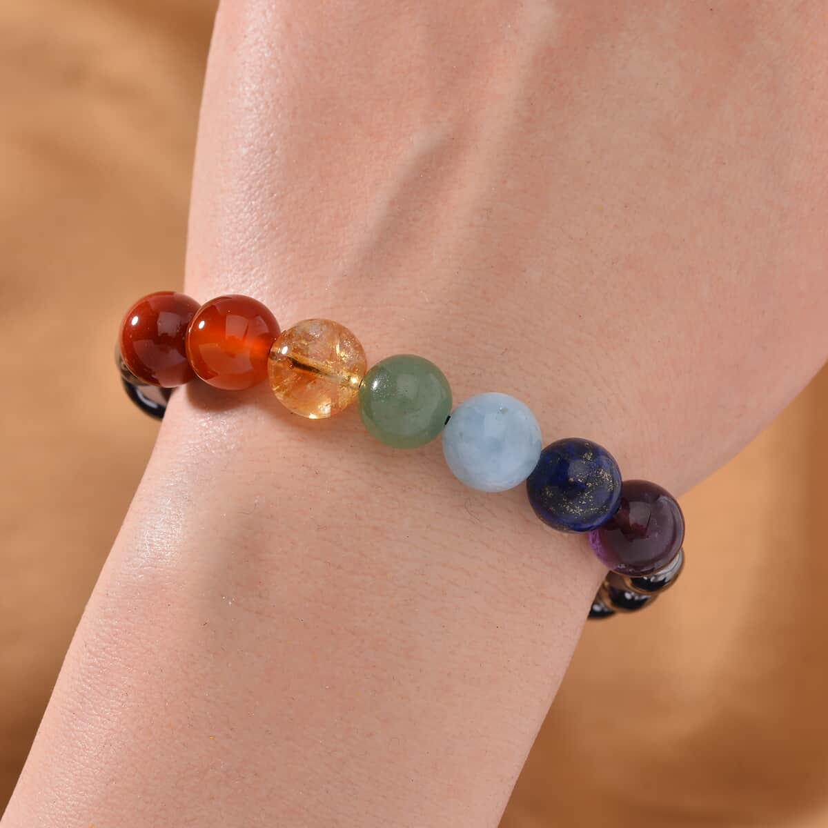 Terahertz and Multi Gemstone 7 Chakra Beaded Stretch Bracelet 90.00 ctw image number 1