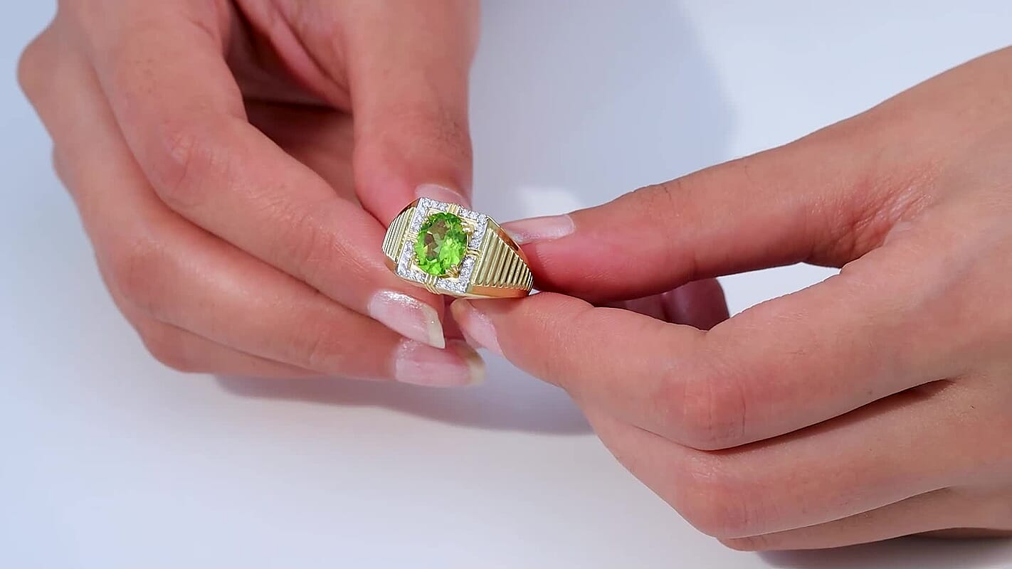 Peridot and Moissanite Men's Ring in 18K Vermeil Yellow Gold Over Sterling Silver (Size 10.0) 3.15 ctw