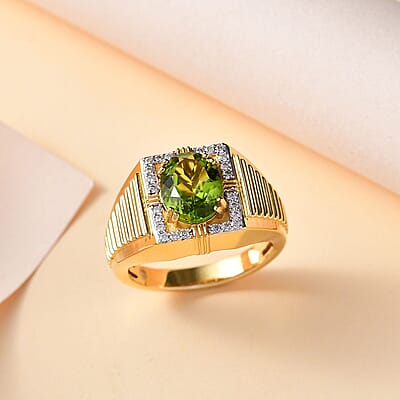 Peridot and Moissanite Men's Ring in 18K Vermeil Yellow Gold Over Sterling Silver (Size 14.0) 3.15 ctw