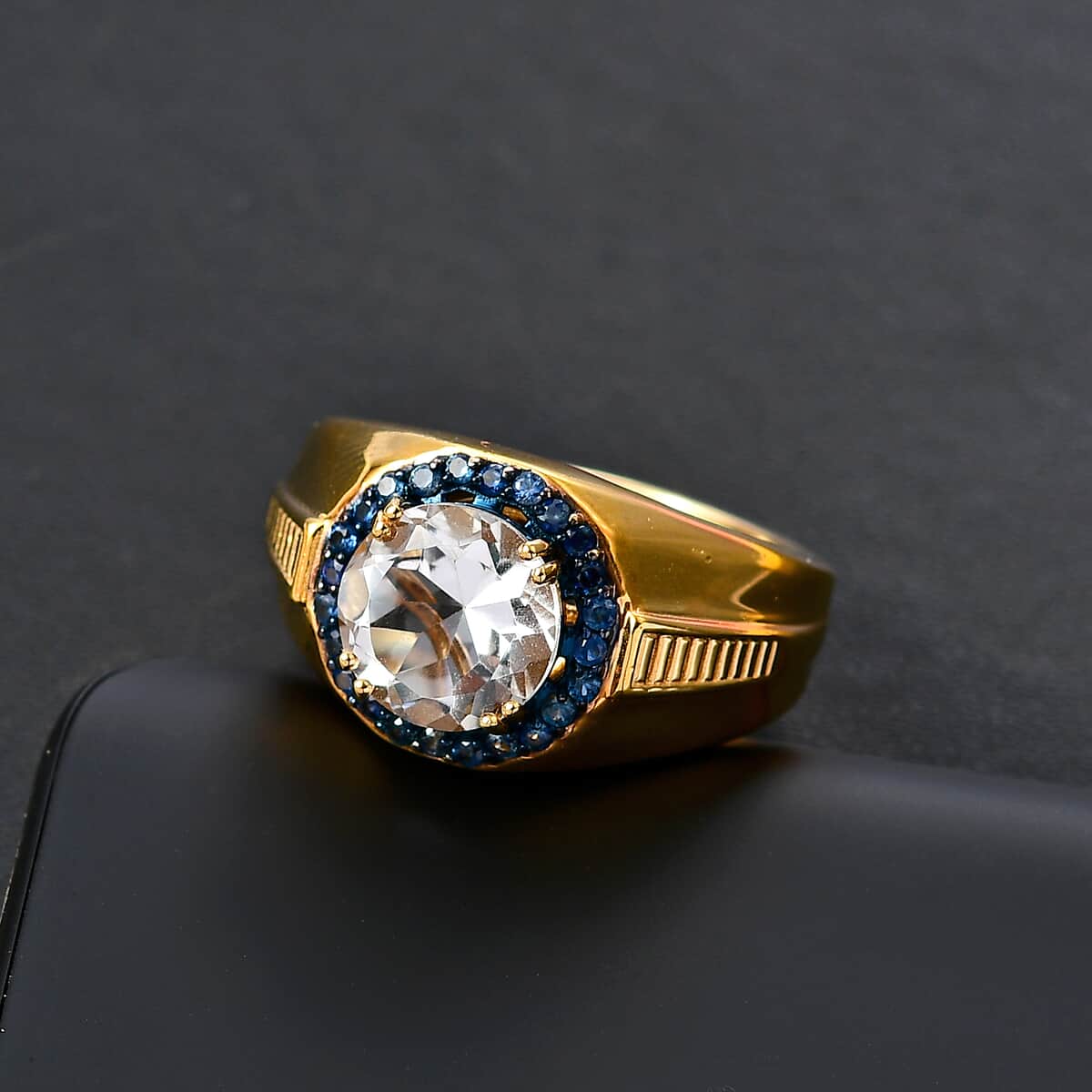 Brazilian Petalite and Blue Sapphire Men's Ring in 18K Vermeil Yellow Gold Sterling Silver (Size 9.0) 3.70 ctw image number 1