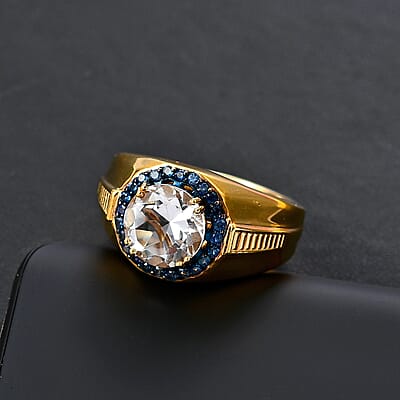 Brazilian Petalite and Blue Sapphire Men's Ring in 18K Vermeil Yellow Gold Sterling Silver (Size 9.0) 3.70 ctw